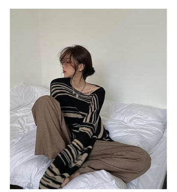 NEW Women Punk Gothic Striped Long Sleeve Loose Patchwork Sweater Hip Hop Retro Oversize Pullover Casual Knitted Jumpers